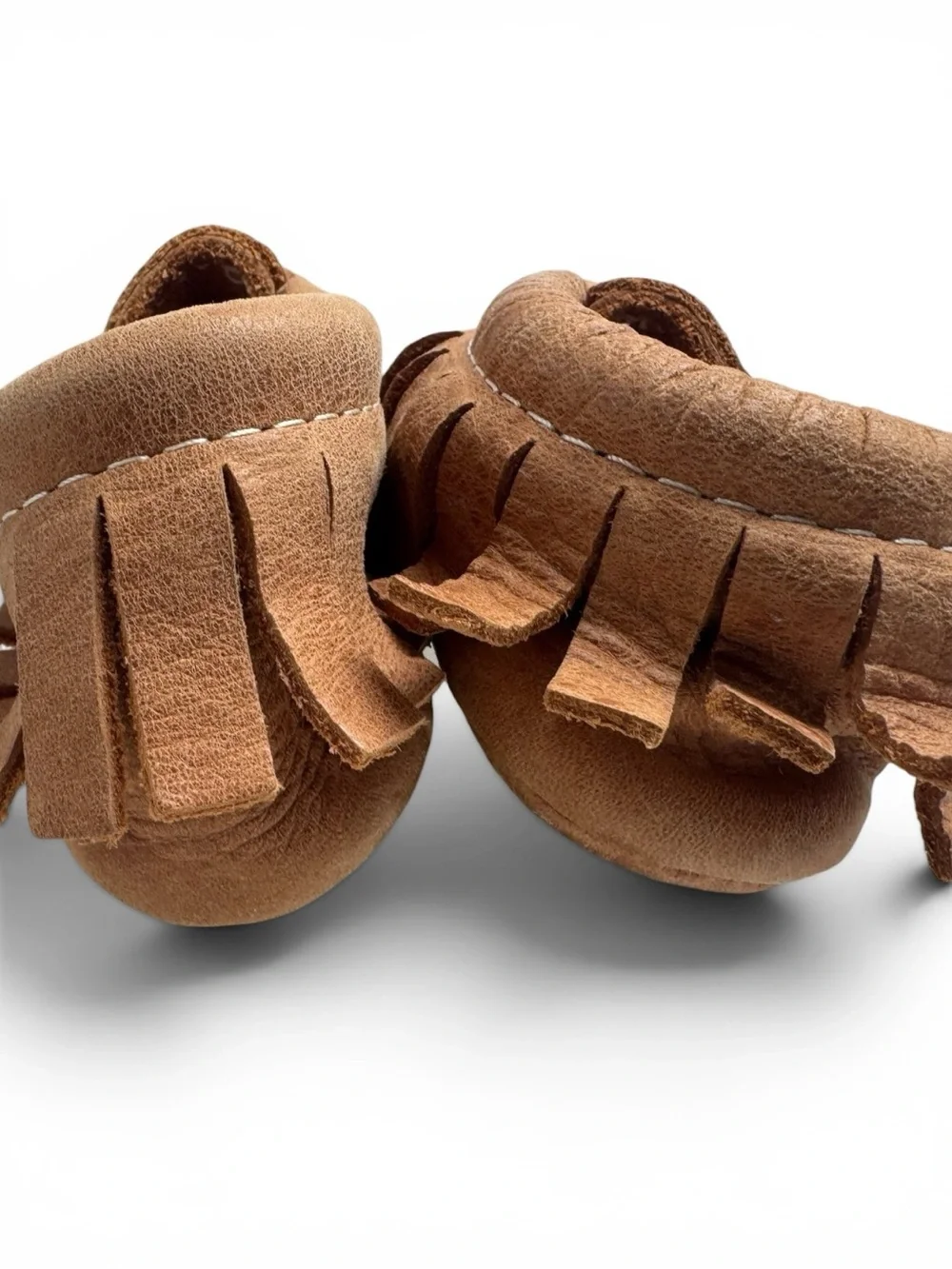 Freshly Picked Weathered Brown Leather Baby Moccasins 4.75” EUC No Size Tag